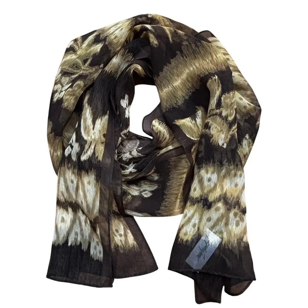 Vintage Y2K Jacqueline Ferrar sheer silk scarf cream & brown tribal rectangle